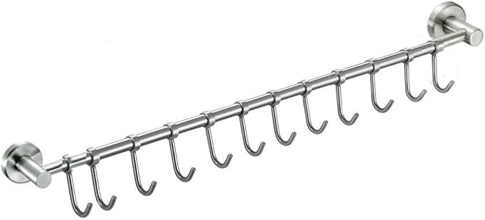 Premium Stainless Steel Kitchen Tool Utensil Organizer Rack with Movable Hooks for Pan Pot,Wall Mount (24"-12Hooks Version B)