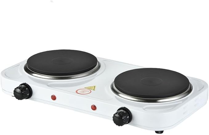 Compact and Portable Countertop Burner- Countertop Double Cast Iron Burner 2000 Watts Electric Hot Plate Temperature Controls White