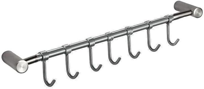 42cm 16.5" Premium Stainless Steel Kitchen Tool Utensil Organizer Bar Rack with Movable Hooks for Pan Pot Spoon Towel (C Tall 7 Hooks)
