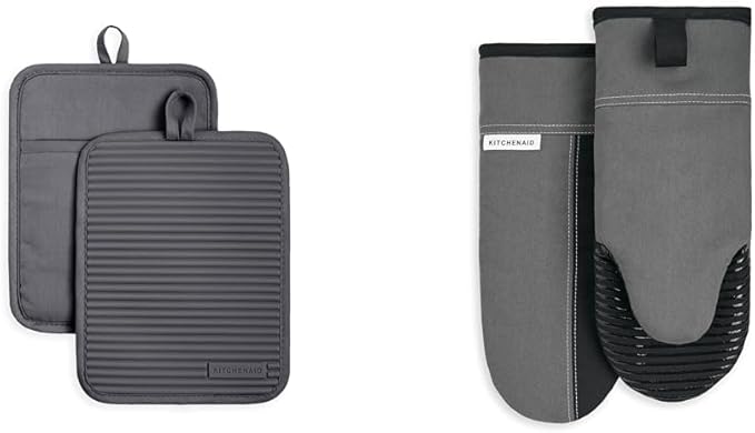 KitchenAid Ribbed Soft Silicone Pot Holder Set, Charcoal Grey 7"x9" & Beacon Two-Tone Non-Slip Oven Mitt Set, Contour Silver/Onyx Black, 5.75"x13", 2 Piece