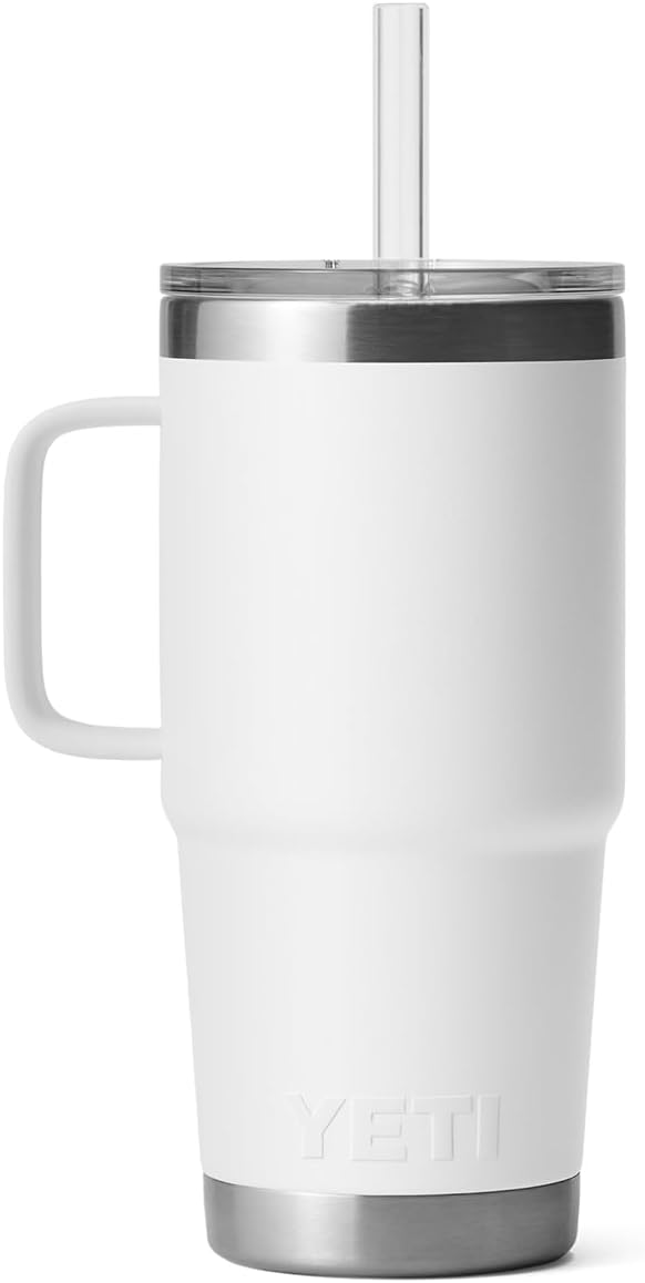 YETI Rambler 25 oz Tumbler with Handle and Straw Lid, Travel Mug Water Tumbler, Vacuum Insulated Cup with Handle, Stainless Steel, White