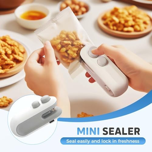 2-in-1 Mini Bag Sealer, Portable Handheld Heat Sealing Machine with Cutter & Magnet, Rechargeable Snack Bag Resealer for Food Storage, 2pcs White