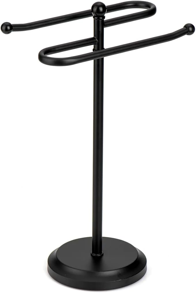 J&V TEXTILES Classical Steel Towel Rack Holder Stand with 2 Hanging Rings for Bathroom Vanity Countertops - Space Saving Hand Towel Holder (Matte Black)