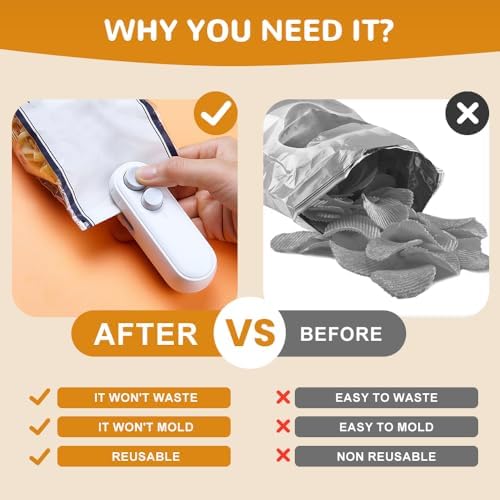 2-in-1 Mini Bag Sealer with Cutter & Magnet - Rechargeable Handheld Heat Sealing Machine for Snack & Chip Bags - Portable Food Storage Resealer (White, 2pcs)