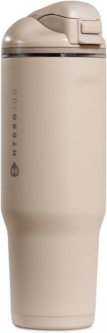 HydroJug Ease2o Water Bottle with Straw & Chug Lid, Stainless Steel, Vented Cap to Help Reduce Pressure, Water-Level Window, Cup Holder Friendly, Non-Slip Base – 40oz, Dune