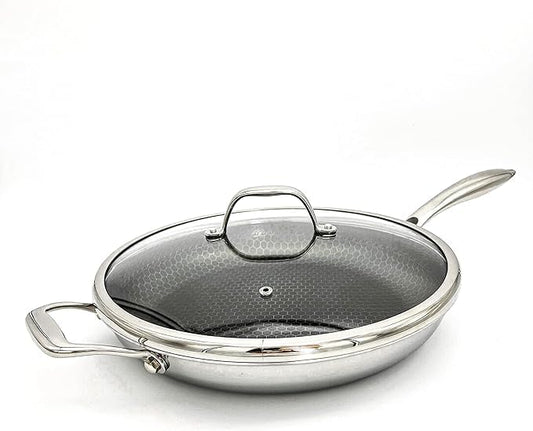 Cooksy 12 Inch Honeycomb Surface Hybrid Stainless Steel Frying Pan with Lid New Version