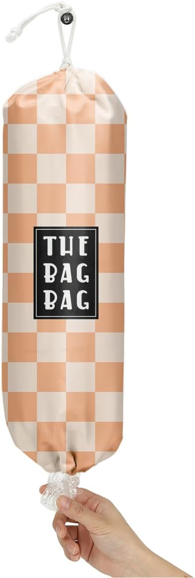 Plastic Bag Holder,Reusable And Washable Grocery Bag organizer,for Home Kitchen Travelling Camping Decor, use 1 Pack, Orange And White Checkerboard Pattern