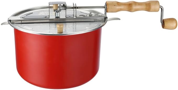 Stovetop Popcorn Maker – 6.5-Quart Popper Pan with Wooden Crank Handle and Internal Kernel Stirrer by Great Northern Popcorn (Red)