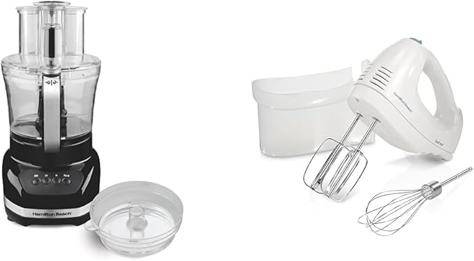 Hamilton Beach Big Mouth Duo Plus 12 Cup Food Processor & Vegetable Chopper with Additional Mini 4 Cup Bowl, Black & 6-Speed Electric Hand Mixer with Whisk, Traditional Beaters