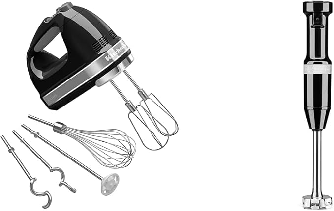 KitchenAid 9-Speed Digital Hand Mixer with Turbo Beater II Accessories and Pro Whisk - Onyx Black & Variable Speed Corded Hand Blender KHBV53, Onyx Black
