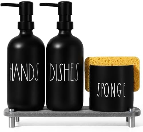 Kitchen Soap Dispenser Set, 16.9 fl oz Hand and Dish Soap Dispensers with Tray, Black Kitchen Soap Dispenser Set with Sponge Holder, Instant Dry Tray, Countertop Sink Organizer Accessories