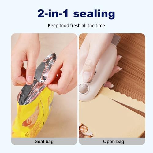 2-in-1 Mini Bag Sealer with Cutter & Magnet - Portable Rechargeable Snack Sealing Machine for Food Storage - Handheld Resealer for Chip Bags (A - White - 2pcs)