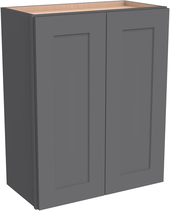Wall-Mounted Cabinet – Solid Wood Shaker Style Medicine Cabinet with Adjustable Shelves & Soft-Close Doors for Bathroom, Kitchen, and Office Storage (Pebble Gray, 33" W x 12" D x 42" H)