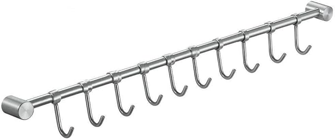Premium Stainless Steel Kitchen Tool Utensil Organizer Bar Rack with Movable Hooks for Pan Pot Spoon Towel (Transitional, 10 Hooks)