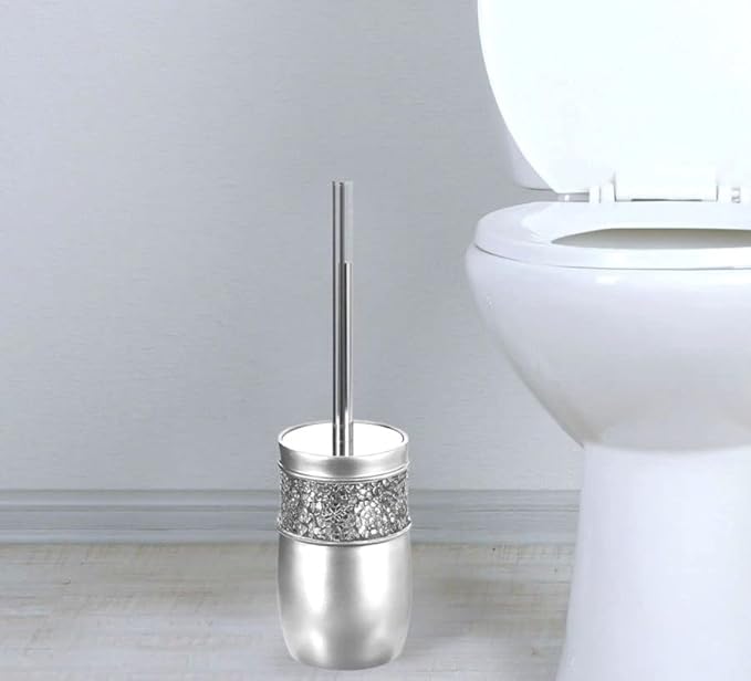 Creative Scents Crackled Glass Toilet Brush with Holder - Silver Toilet Bowl Cleaner Brush and Holder - Good Grip, Deep Cleaning, Decorative Design Compact Toilet Bowl Scrubber