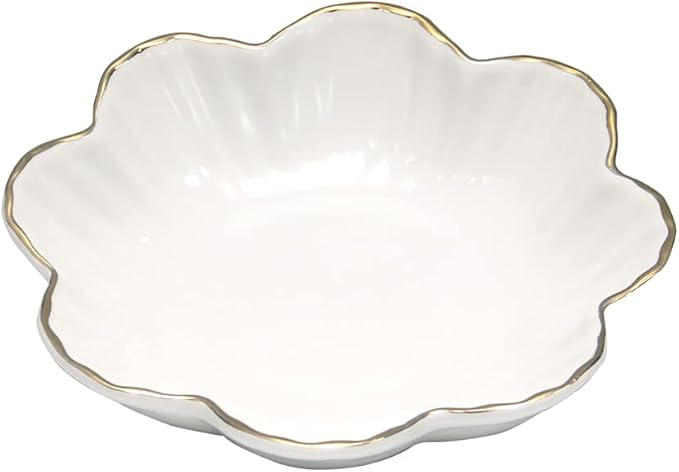 Porcelain Serving Dish,Ceramics Flower Relish Tray with Metallic Rim,Serving Bowls for Wedding,Party Perfect for Small Cereal, Pasta, Salad, Candy and Snacks White 6.6 inch (6.6 inch)