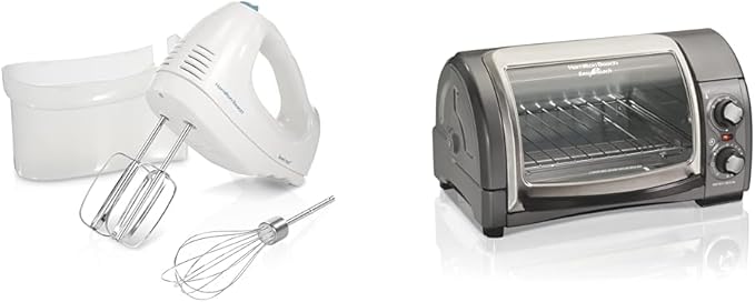 Hamilton Beach 6-Speed Electric Hand Mixer with Whisk, Traditional Beaters, Snap-On Storage Case, White & Easy Reach 4-Slice Countertop Toaster Oven With Roll-Top Door, 1200 Watts