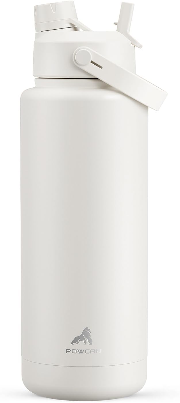 POWCAN 40 oz Insulated Water Bottle with 2-in-1 Straw and Spout Lid, Keep Cold 24H, Leak-Proof, BPA-Free, Double Wall Stainless Steel Water Bottle for Sports, Gym, Travel, and School (Ivory)