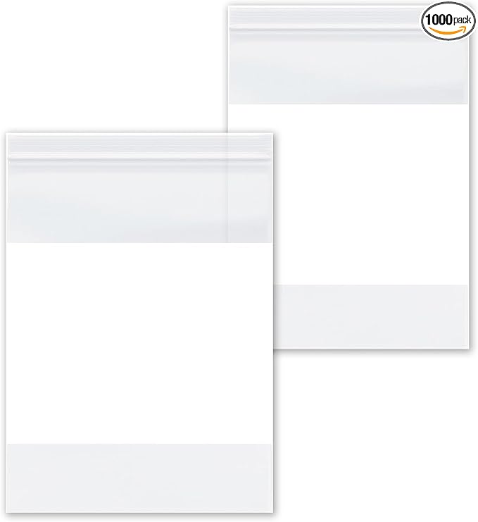 PSBM 1000 Count 4 Mil 10 Inch x 13 Inch, White Block Reclosable Poly Bags, With Write-On Block, Clear Zip Plastic Bag, Lock Seal Zipper For Packing, Storing, Organizing & Shipping Products