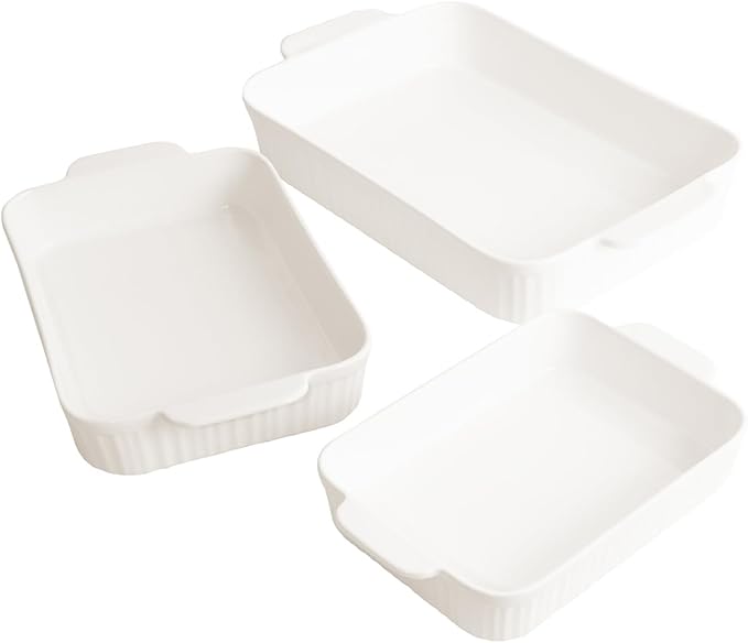 Glad Baking Dish Set, 3pc - Rectangular Stoneware Casserole Dishes for Oven and Microwave - Nesting Bakeware Set with Handles (12'', 10.5'', and 8.5''), Dishwasher Safe