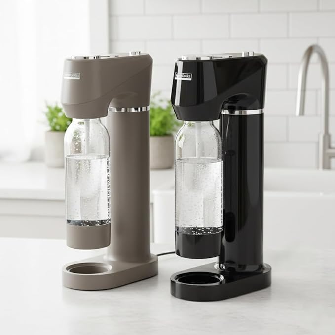 Home Sparkling Water Soda Maker with 2 BPA-Free Bottles (1L + 0.5L) - Carbonated Water Seltzer Fizzy Drink Machine, Compatible with Screw-In 60L CO2 Carbonator (Not Included), Black