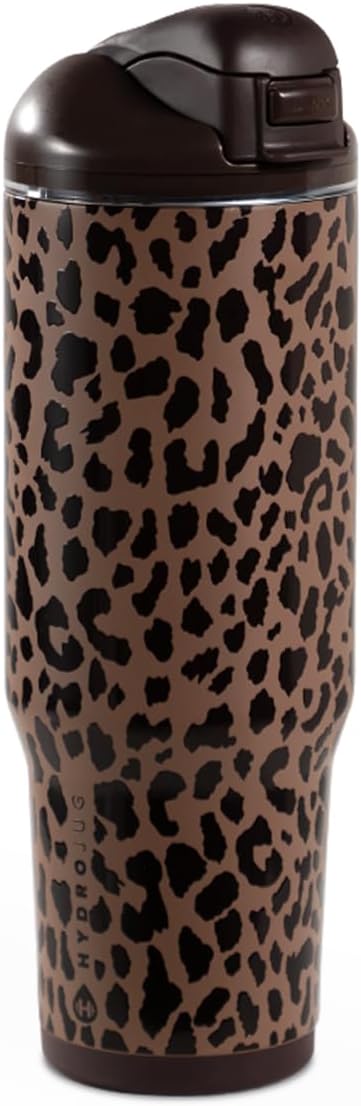 HydroJug Ease2o Water Bottle with Straw & Chug Lid, Stainless Steel, Vented Cap to Help Reduce Pressure, Water-Level Window, Cup Holder Friendly, Non-Slip Base – 32oz, Brown Leopard