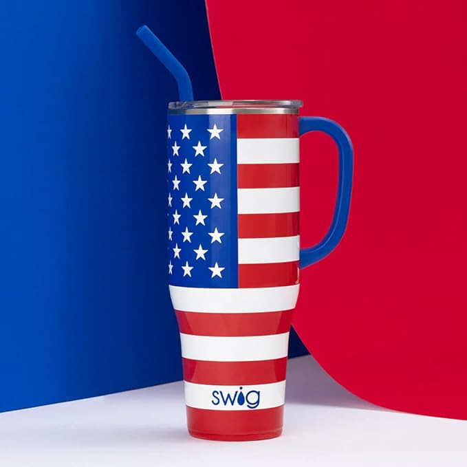 Swig Life 40oz Mega Mug, 40 oz Tumbler with Handle and Straw, Cup Holder Friendly, Dishwasher Safe, Extra Large Insulated Tumbler, Stainless Steel (All American)