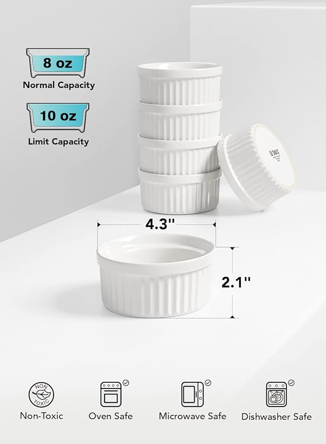 LE TAUCI Ramekins 8 OZ Oven Safe, Creme Brulee Ramekins, Pudding Custard Cups Souffle Ramiken, Dipping Sauce Dishes, Ceramic Ramekin Bowls Set of 6, White