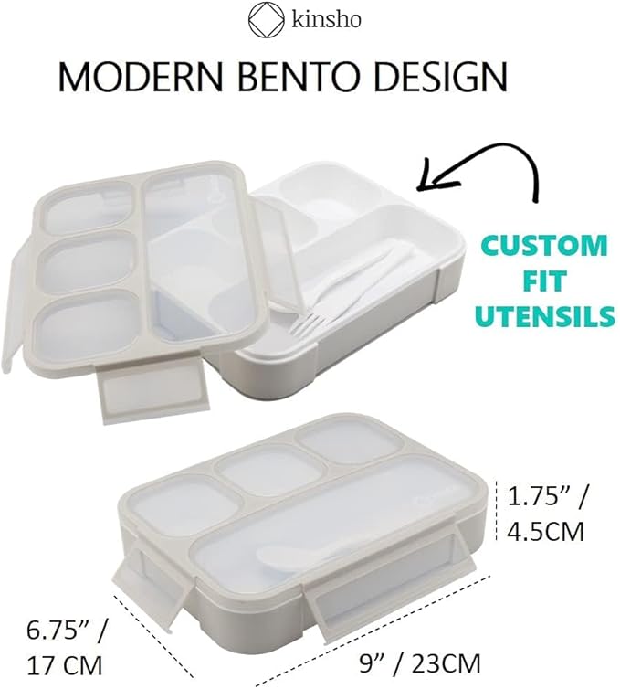 kinsho Lunch Boxes for Boys Teens Adults - Bento Box Set with Insulated Bag and Ice Pack, 4 Compartment Leak Proof Food Container, BPA-Free, Microwave Safe, Ideal for School & Work, Grey
