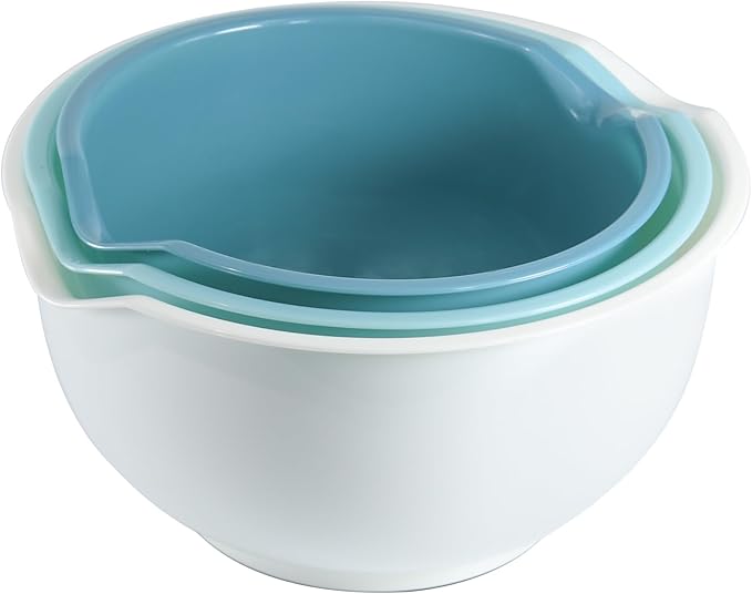 Set of 3 Mixing Bowls with Pour Spout-Nesting Design Saves Space - Non-Slip, BPA Free, Dishwasher Safe Plastic - Kitchen Cooking and Baking Supplies (Blue)