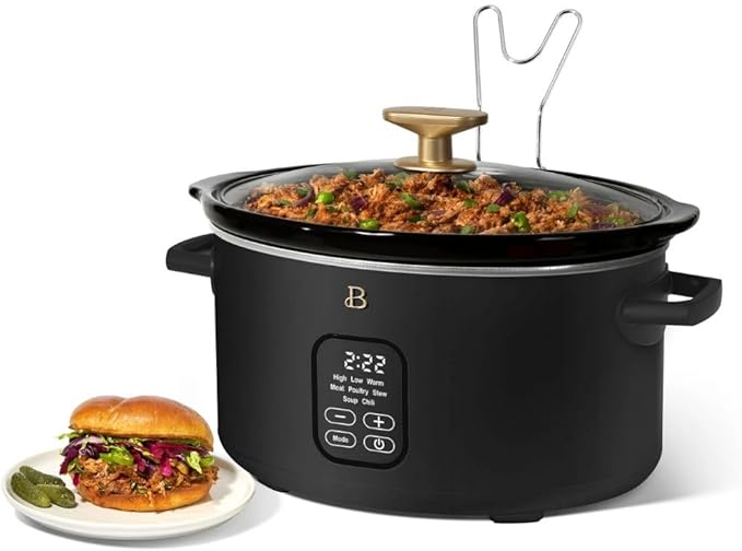 Beautiful 6 Qt Programmable Slow Cooker by Drew Barrymore -5 Preset Cooking Functions, Digital Countdown Timer, Dishwasher-Safe Parts and Cool-Touch Handles (Black Sesame)
