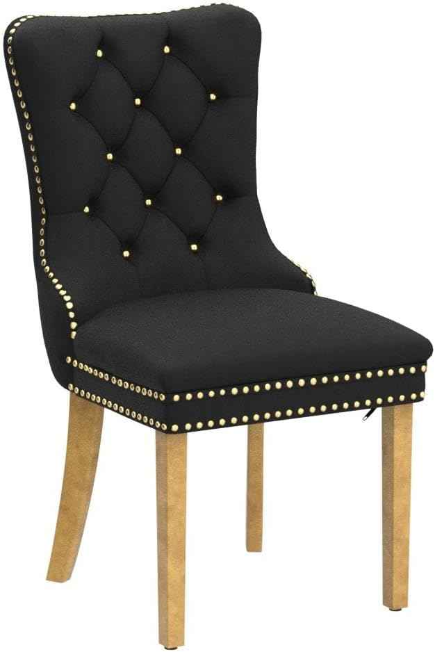 Black Dining Chairs Set of 2, Velvet Upholstered Dining Room Chairs with Back Ring Pull Trim and Golden Stainless Steel Legs, Tufted Wingback Chair Perfect for Dining Room,Kitchen(Black)