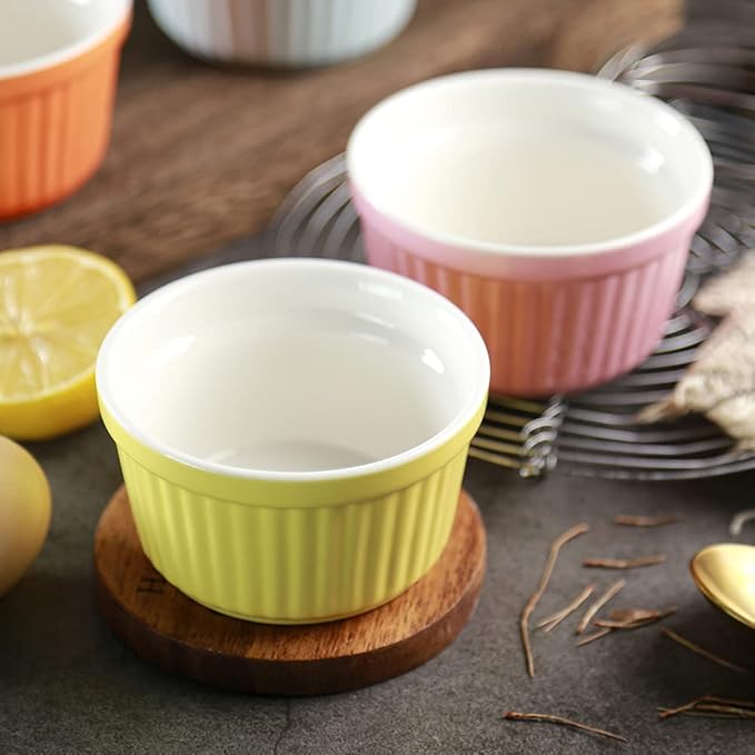 Ramekins 6oz Oven Safe,Creme Brulee Ramekin and Souffle Dishes,Porcelain Baking Bowls,Dipping Sauce Dish.Pudding Cups,Set of 6,Colorful.