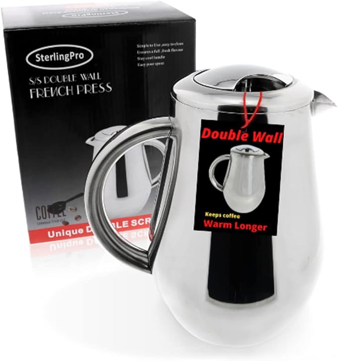 SterlingPro Stainless Steel French Press Coffee Maker Large 1 L (34 oz) with 2 Extra Filters Silver – Double Walled Insulated Coffee Press Keeps Drinks Hot, Easy to Use, Stylish Design for Rich Flavor