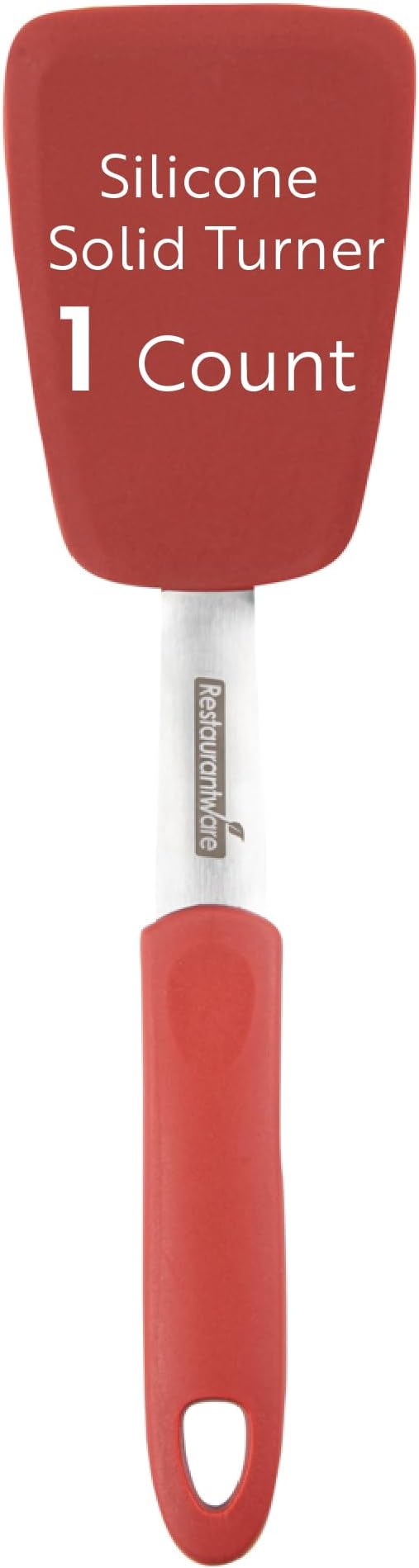 Restaurantware Comfy Grip 11.9 x 3 Inch Silicone Turner 1 Durable Cooking Turner - Stainless Steel Body Rubber Handle With Hole Red Silicone Flipper Spatula Tolerates Up To 446F Dishwashable