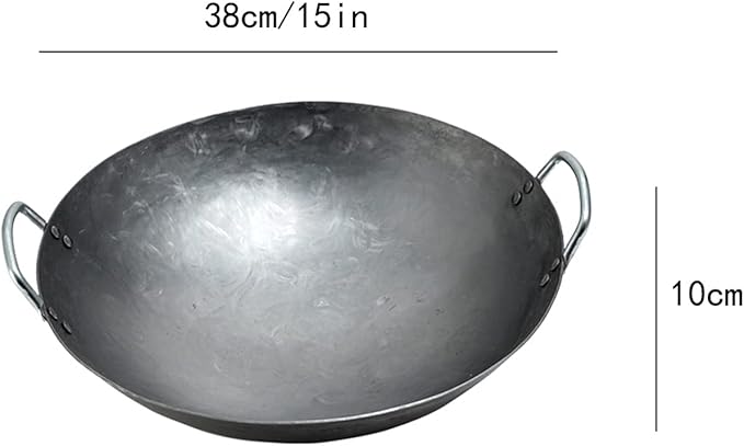 Wok Pfanne Traditioneller Handgehämmerter Wok Aus Refined Iron Mit Two Handles，1,8 MM Dick Wok (Rundboden) (Size : 38cm/14.9in)