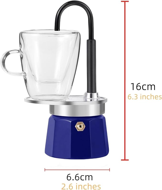 MVPLUE-Mini Express Swiss Single Tube Moka Pot Aluminum Blue，Moka Set includes One Double Wall 3oz Cup,Enjoy delicious coffee in no time