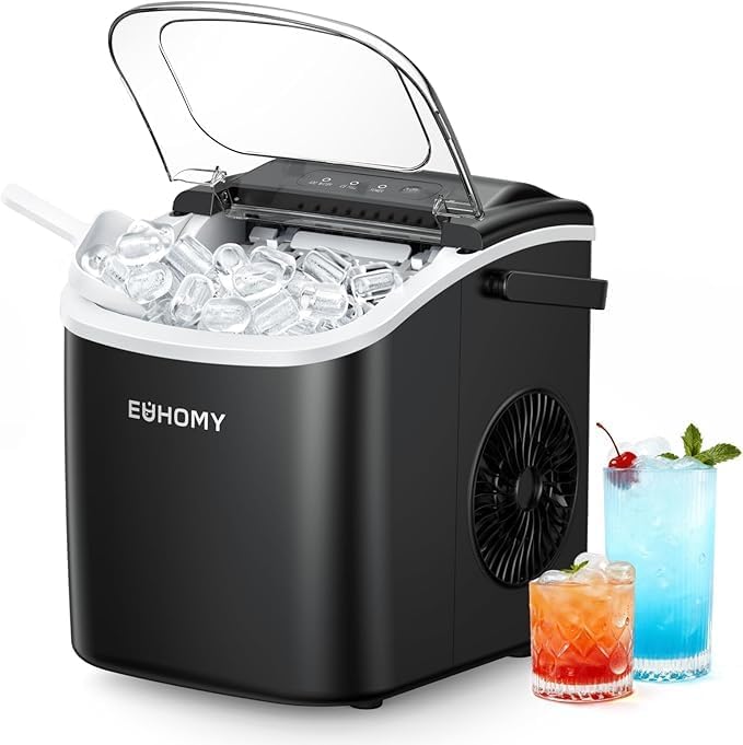 EUHOMY Countertop Ice Maker Machine with Handle, 26.4lbs in 24Hrs, 9 Ice Cubes Ready in 6 Mins, Self-Cleaning Portable Ice Maker with Basket and Scoop, for Home/Kitchen/Camping/RV. (Black)