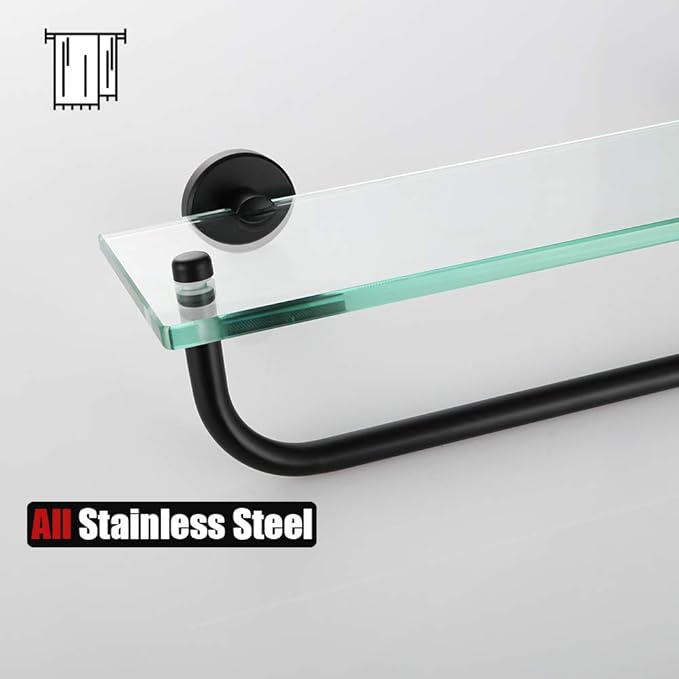 JQK Bathroom Glass Shelf, Shelf with 19 Inch Towel Bar Tempered Glass Shower Storage 20 by 5 inches, 304 Stainless Steel Matte Black Wall Mount, TGS100L20-PB