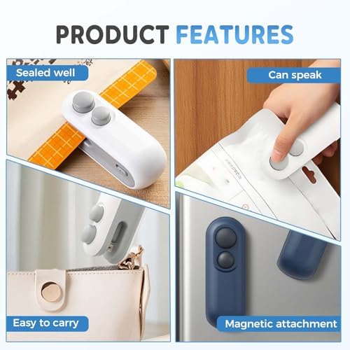 2-in-1 Mini Bag Sealer with Cutter & Magnet, Rechargeable Portable Resealer for Snack & Food Storage, Handheld Heat Seal Machine, 2pcs White Chips Sealing Device