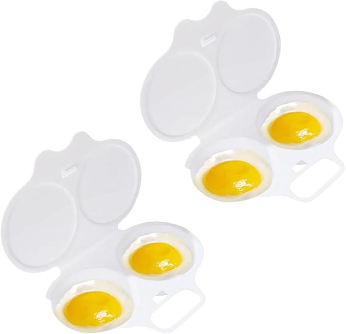 2Pcs White Egg Poacher, Microwave Egg Boiler Poacher, 2 Cavity Nonstick Poached Egg Maker With Lid, Egg Poacher Microwave Egg Cooker, Double Drain Poached Egg Cups Cookware（13 * 5cm）
