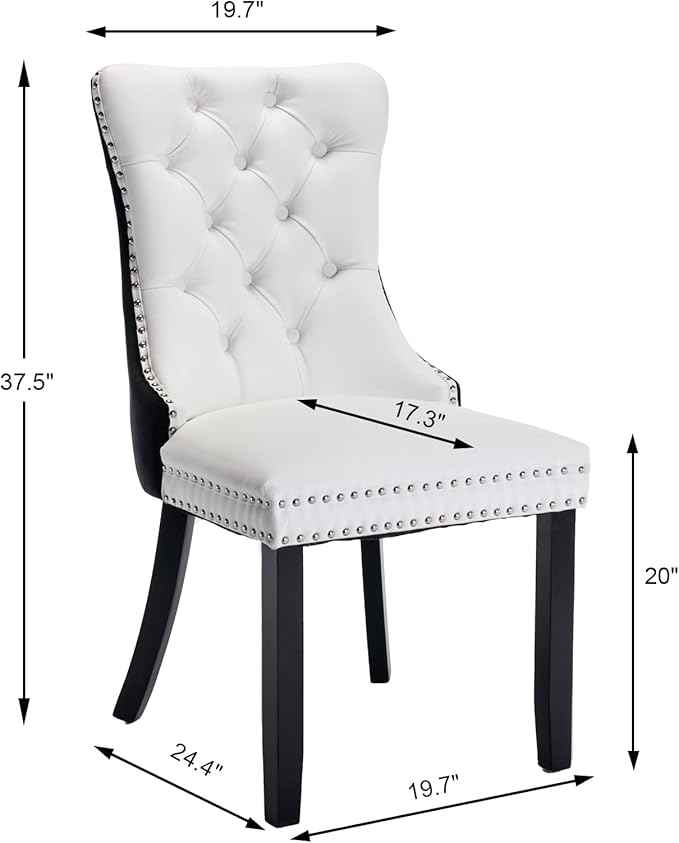 Dining Room Chairs Set of 4, Upholstered Dining Chairs with Back Ring Pull Trim and Solid Wood Legs, Modern Tufted Kitchen Chairs for Dining Room, White Pu Leather Splicing Black Velvet