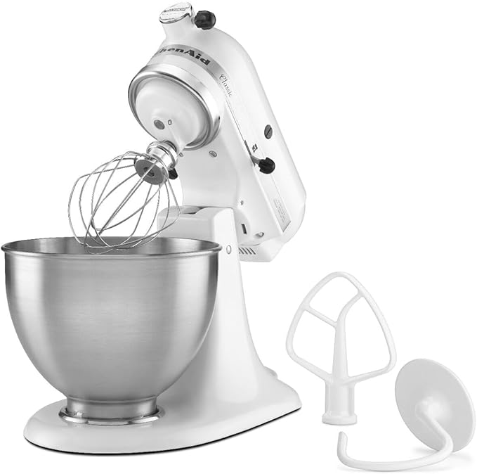 KitchenAid Classic Series 4.5 Quart Tilt-Head Stand Mixer K45SS, White & 3-Quart Stainless Steel Bowl for Tilt-Head Stand Mixers