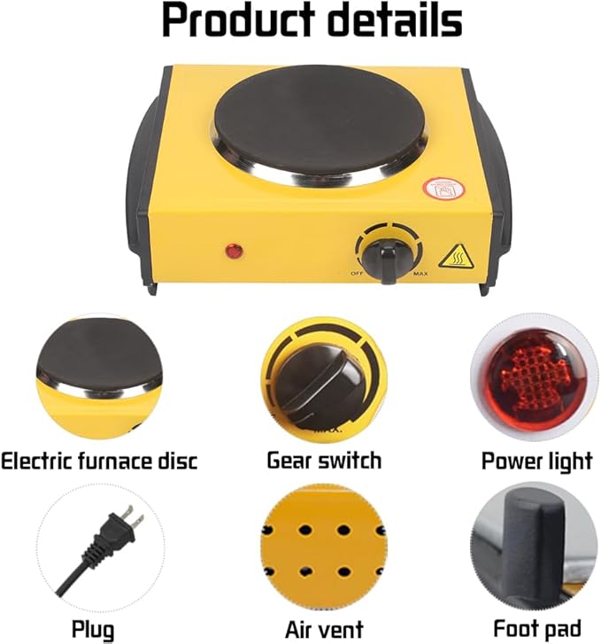 Countertop Burner - Compact and Portable Electric Hot Plate Stove, Temperature Controls, 1000/2000 Watts Coiled/Cast Single/Double Burner (Yellow, Cast Single)