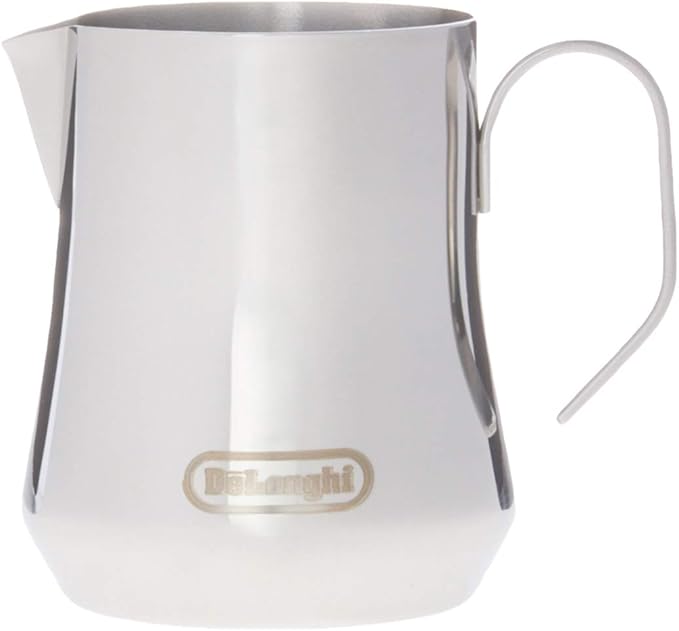 De'Longhi Stainless Steel Milk Frothing Pitcher, 12 ounce (350 ml), 12 oz & DeLonghi Double Walled Thermo Latte Glasses, Set of 2, 2 Count (Pack of 1), Clear