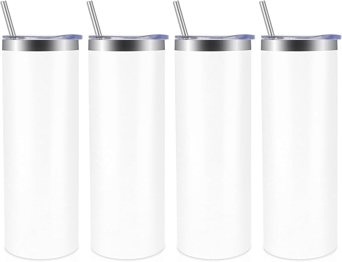 Volhoply 4 Pack Skinny Tumblers with Lid and Straw, 20oz Stainless Steel Straight Tumbler Bulk, Vacuum Insulated Coffee Mug for Home, Office, Travel, DIY (White,4 Pack)