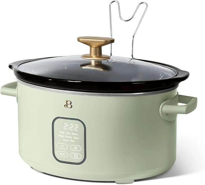 Beautiful 6 Qt Programmable Slow Cooker by Drew Barrymore -5 Preset Cooking Functions, Digital Countdown Timer, Dishwasher-Safe Parts and Cool-Touch Handles (Sage Green)