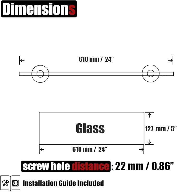 JQK Bathroom Glass Shelf, Tempered Glass Shower Storage 24 by 5 inches, 304 Stainless Steel Champagne Bronze Wall Mount, TGS101L24-CB