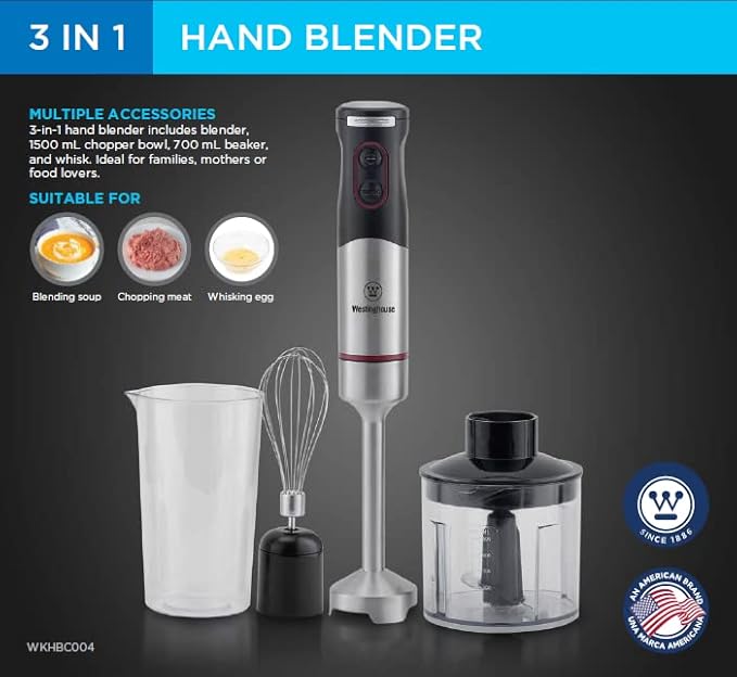220 Volt Hand Blender 1000W - 3 in 1 Hand blender includes blending shaft, 500 ml chopper bowl, 700 ml beaker and whisk-220V 240V (Not For Use In USA)
