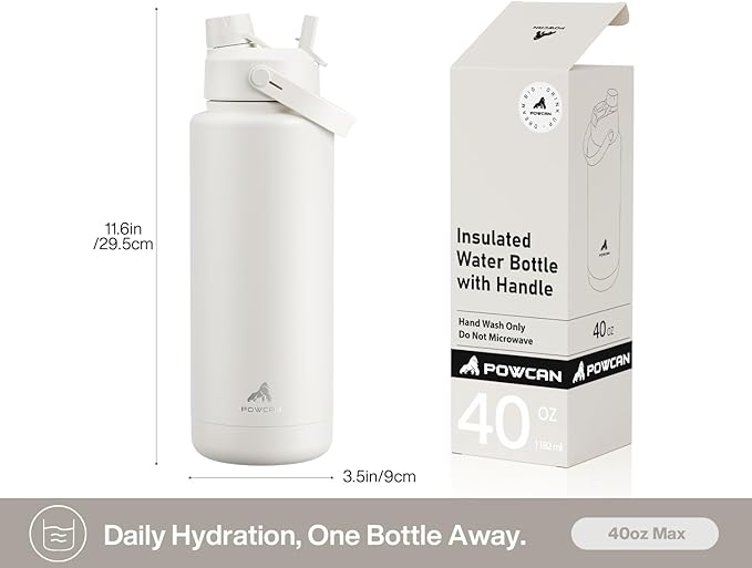 POWCAN 40 oz Insulated Water Bottle with 2-in-1 Straw and Spout Lid, Keep Cold 24H, Leak-Proof, BPA-Free, Double Wall Stainless Steel Water Bottle for Sports, Gym, Travel, and School (Ivory)
